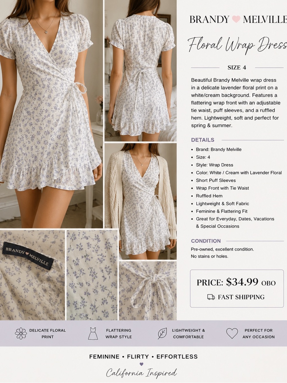 Brandy Melville White/Cream Wrap Dress with Lavender Floral Print